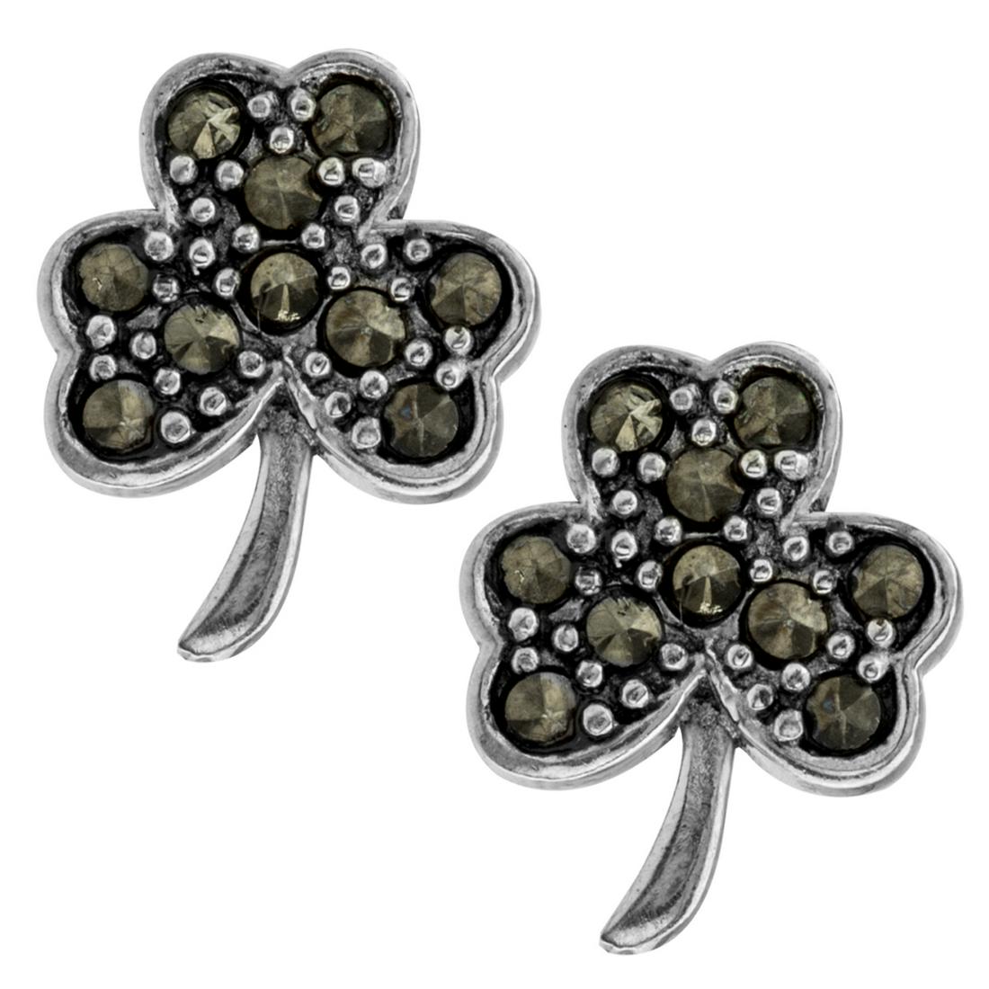 Sterling Silver Marcasite Shamrock Stud Earrings: • Genuine marcasite • Setting: Prong/ Adhesive • Comfortable butterfly clasp • Gleaming rhodium over fine sterling silver • Disclaimer: Gemstones may feature inclusions o