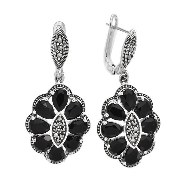 Silver Marcasite & Black Onyx Flower Drop Earrings: The elegance of a bygone age beautifully updated—that’s Addison Lane’s Felicity Collection. You will love the classic styling of these vintage-inspired drop earrings, beautifully cra