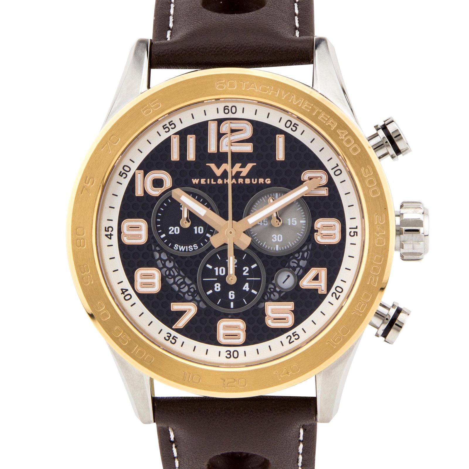Weil & Harburg Karkin Mens Chronograph Watch: Multi colored, multi textured dial, open date window, lumonesent haands and markers 13mm x 49mm x x200mm Stainless steel, pull-down, pull-down 10ATM Leather strap, stainless steel buckle, 24mm x 200mm