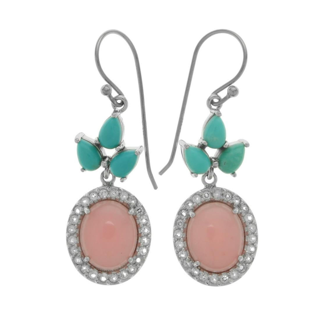 Silver Campo Turquoise & Guava Quartz Drop Earring: Each finely crafted sterling silver earring features an oval guava quartz cabochon in a halo of shimmering white topaz dangling below a trio of leaf-like Campo Frio turquoise cabochons. Shepherd hook 