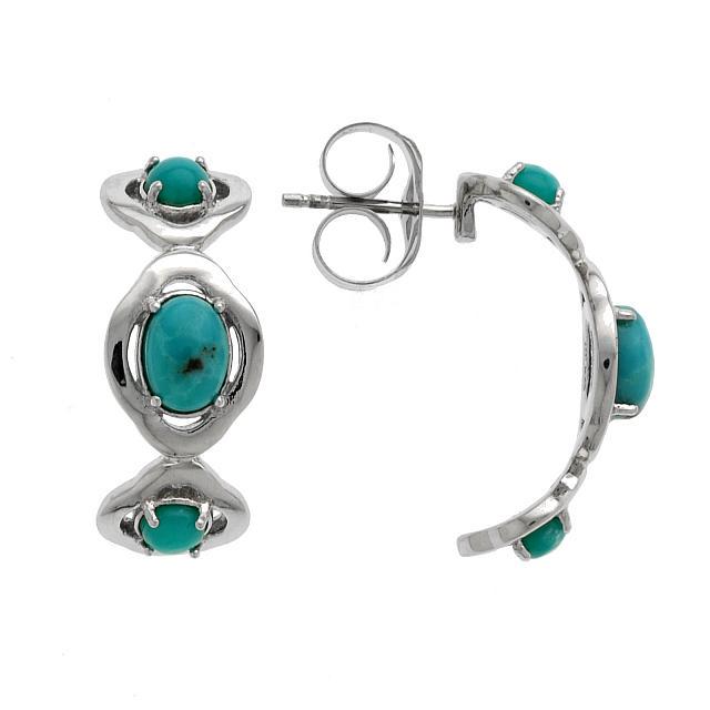 Silver Campo Frio Turquoise J-Hoop Earrings: Oval mined in America Campo Frio turquoise cabochons create a three-stone scalloped edge column that starts at your lobe and curves back under your ear. Naturally occurring Pyrite matrix makes the Cam