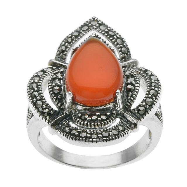 Sterling Silver Red Agate & Marcasite Ring-SZ 5: • Genuine red agate & marcasite • Pear shaped cabochon surrounded by marcasite • Gleaming rhodium over fine sterling silver