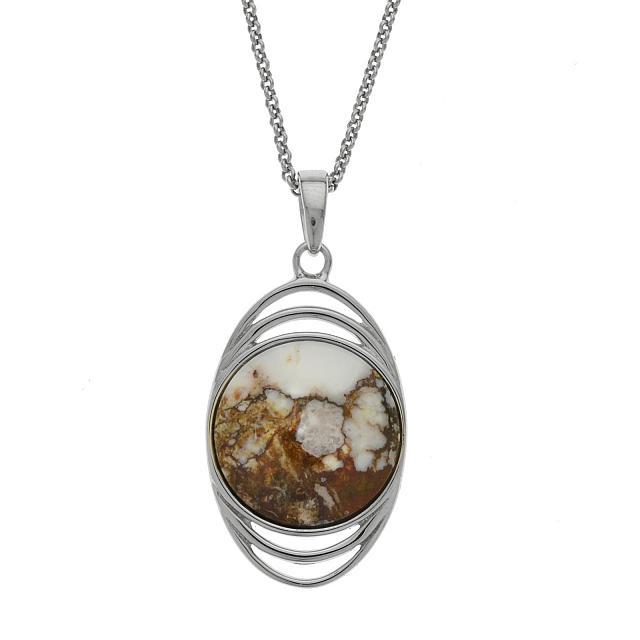 Silver Turquoise & Wild Horse Reversible Pendant: Metal: Rhodium over sterling silver Stone Information: Stabilized Campo Frio Turquoise: One round 17mm cabochon Gemstone Choice: One round 17mm Wild Horse jasper cabochon Setting Type: Bezel/Adhesive 