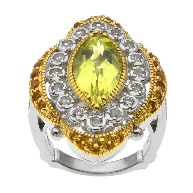 Silver Two-tone Lemon Quartz Halo Ring-SZ 6: Lemon Quartz Lemon Quartz: One marquise checkerboard cut 16 x 8mm White Topaz: 20 round modified-brilliant cut 2mm Citrine: Various round modified-brilliant cut 1.5-2.0mm Ring Details Metal: Rhodium o