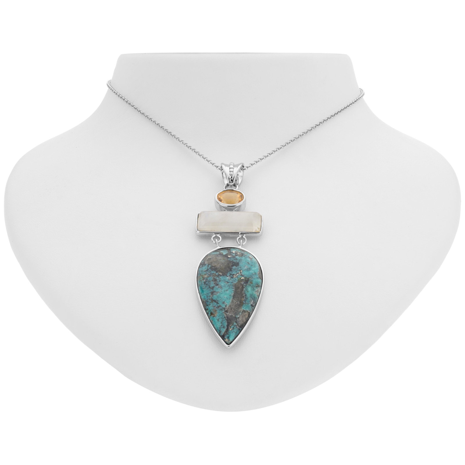 Silver Turquoise, Moonstone & Citrine Pendant: 925 Sterling Silver You will love the color, shape and texture of Pangea Mines pendant necklace. Beautifully crafted in gleaming rhodium over sterling and adorned with pear cut Campo Frio turquoise, r