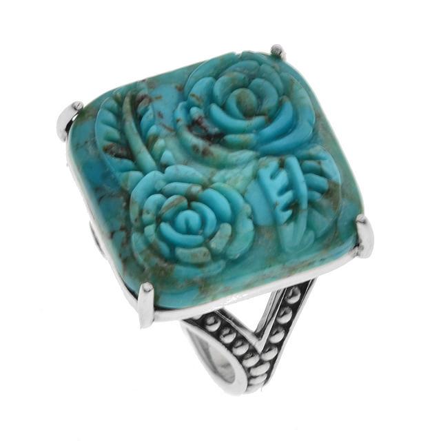 Sterling Silver Turquoise Rose Carved Ring-SZ 8: • Genuine carved turquoise • Rose design carved • Split shank with beaded texture • Gleaming rhodium over fine sterling silver