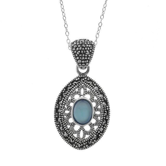 Silver Marcasite and Blue Chalcedony Pendant: Complement your wardrobe with this lovely pendant necklace from the Addison Lane Felicity collection. This striking vintage-inspired design is beautifully adorned with a gorgeous blue chalcedony accen