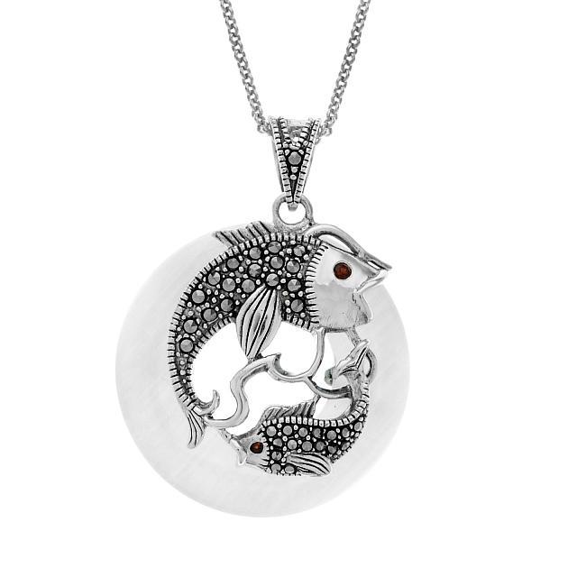 Sterling Silver Marcasite Fish Disc Pendant: Addison Lane crafts a delightful, eye-catching design with this charming disc pendant from the Animal Kingdom Collection. Beautifully styled in oxidized sterling silver, this intricately detailed desi