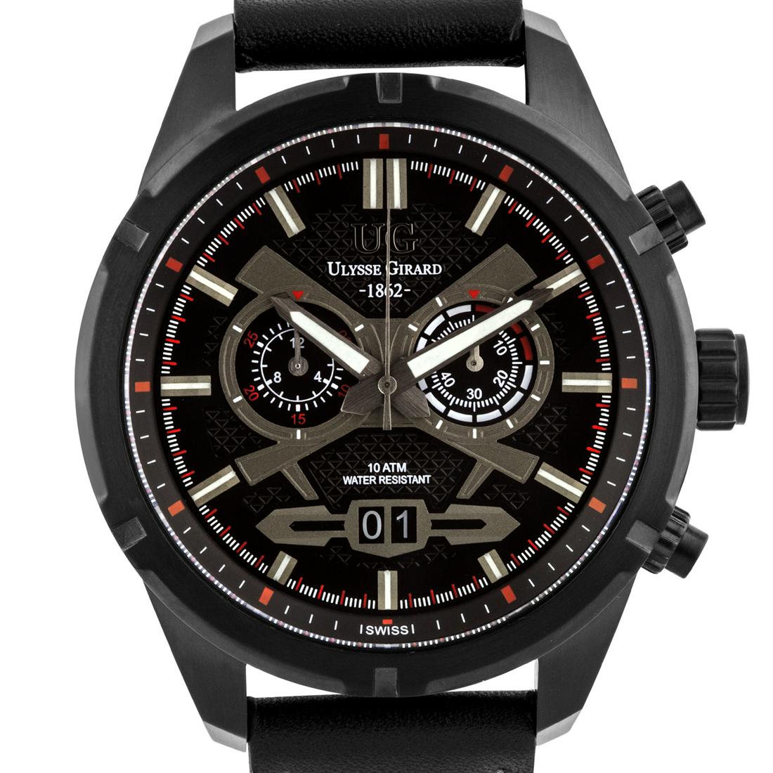 Ulysse Girard Men's Swiss Chronograph Watch: Main Features: Swiss Ronda 5020.B Quartz Movement, Multi-Functions, Visible Date Window Hands: Luminescent hands Case Shape: Round Material: Stainless Steel, Leather Case Thickness: 13mm Strap Width: 
