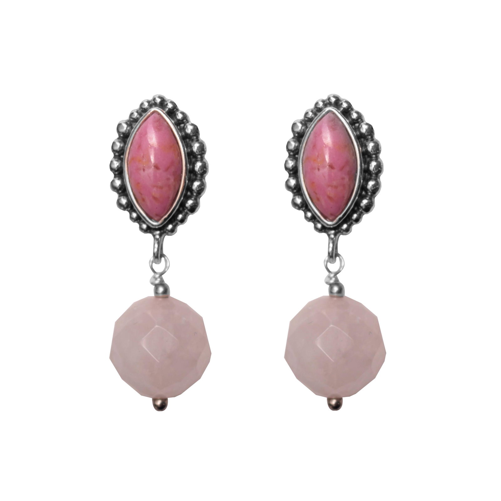 Sterling Silver Rhodonite & Rose Quartz Earrings: • Genuine Rhodonite & Rose Quartz • Setting: Bezel/ Pin • Measurement: 35mm L x 11mm W x 12mm H • Secured butterfly clasp • Gleaming rhodium over fine sterling silver 