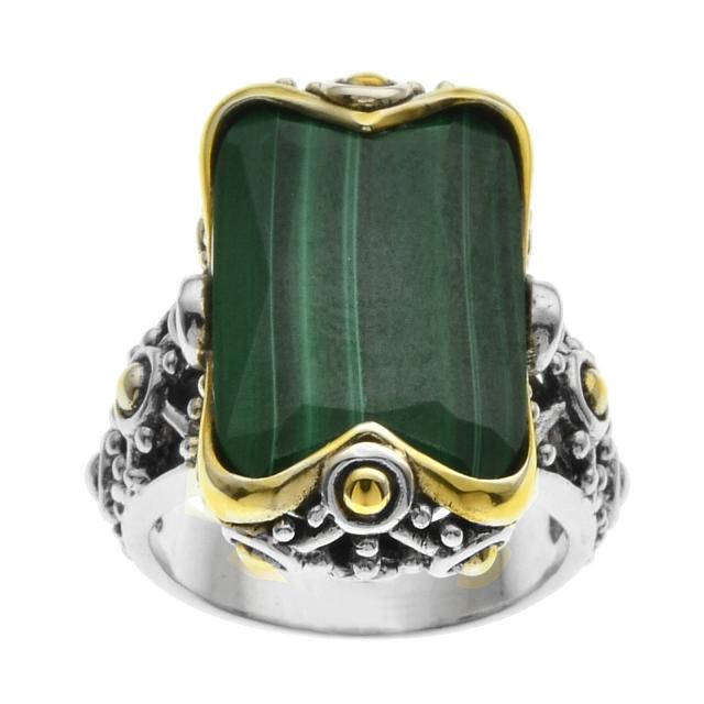 Silver Step Cut Malachite Beaded Ring-SZ 8 (1 of 2)