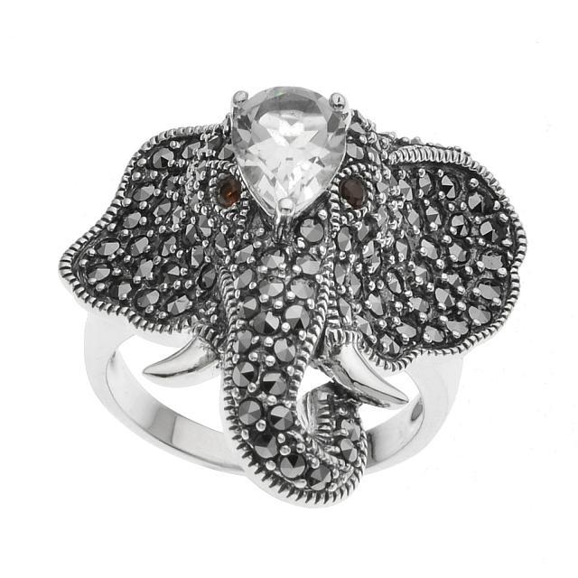 Silver Marcasite & Topaz Elephant Ring-SZ 6: • Genuine marcasite, white topaz & garnet • Elephant design • Stone set in pave design • Gleaming rhodium over fine sterling silver