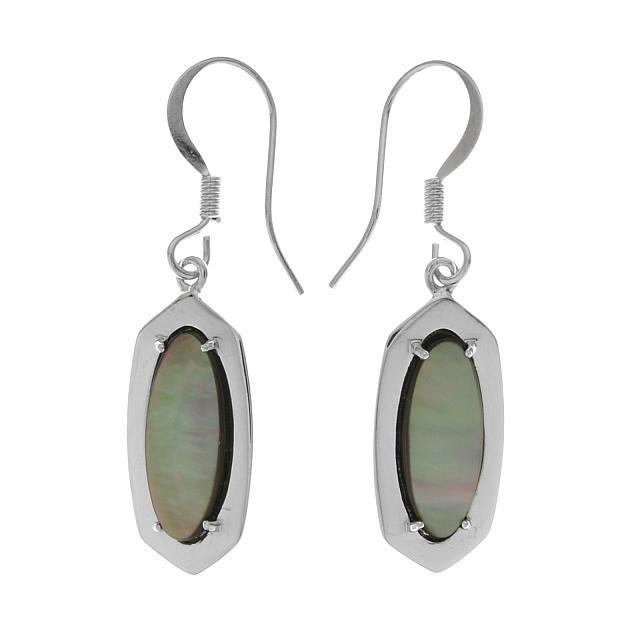 Silver Tone Grey Mother of Pearl Drop Earrings: • Genuine grey mother of pearl • Setting: Adhesive • Measurement: 37mm X 10mm X 3mm • Gleaming rhodium over brass • Disclaimer: Gemstones may feature inclusions or imperf
