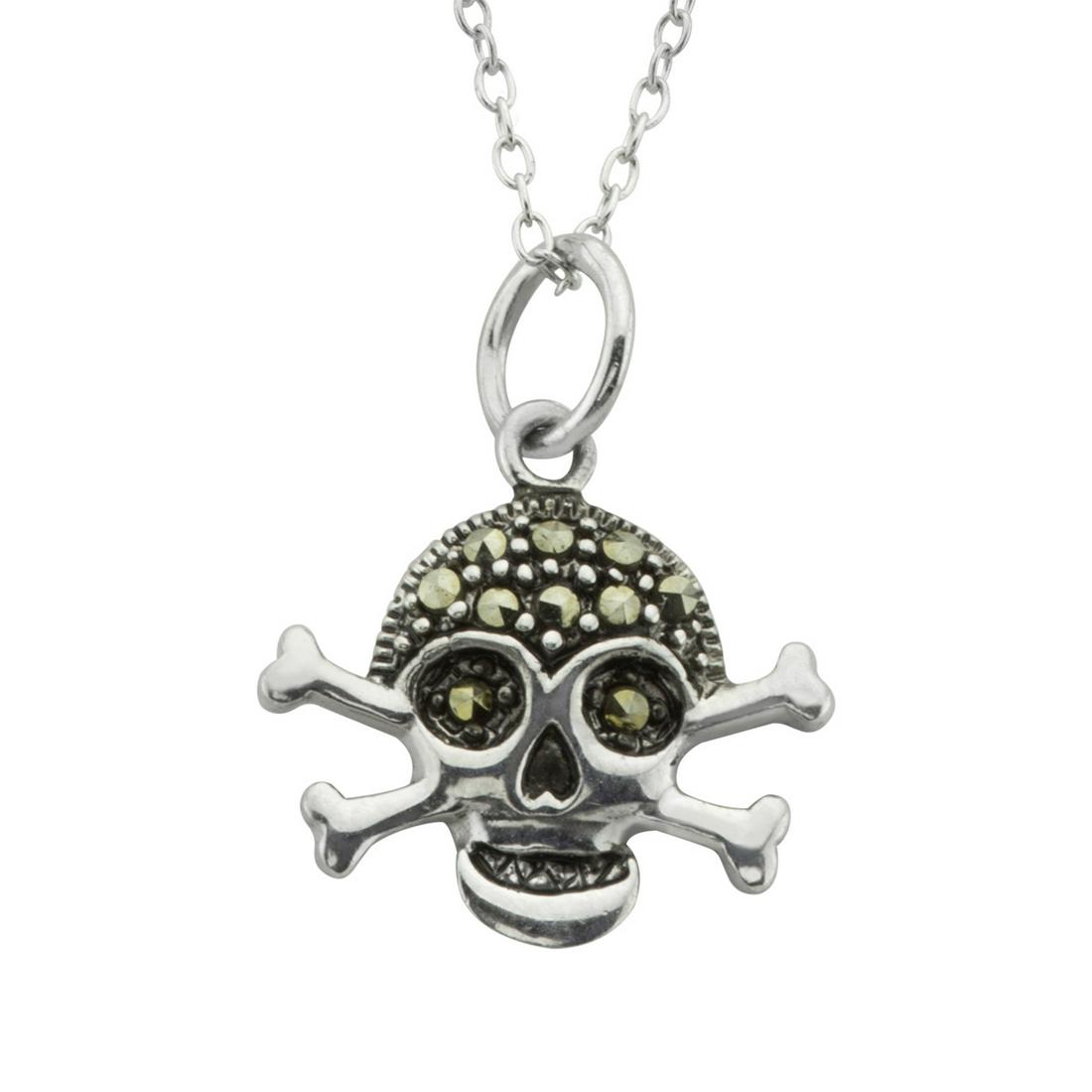 Sterling Silver Marcasite Skull Charm Pendant: • Genuine marcasite •Skull design •18 inch silver chain • Gleaming rhodium over fine sterling silver