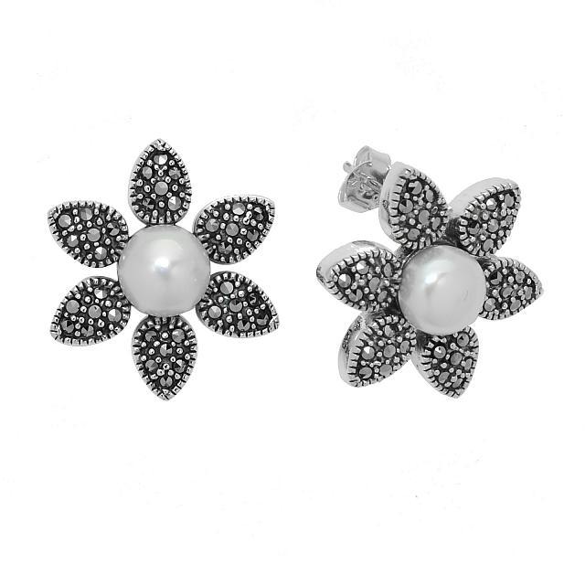 Silver Freshwater Pearl & Marcasite Stud Earrings: A smart design from Addison Lane’s Felicity collection! These lovely earrings are beautifully crafted in oxidized sterling silver and adorned with a lustrous freshwater pearl surrounded by marca