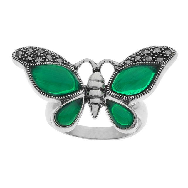 Silver Green Agate & Marcasite Butterfly Ring-SZ 7: What a delightfully charming design! Addison Lane crafts a gorgeous butterfly ring from the Animal Kingdom Collection in gleaming sterling silver and adorns it with lovely green agate and marcasite de