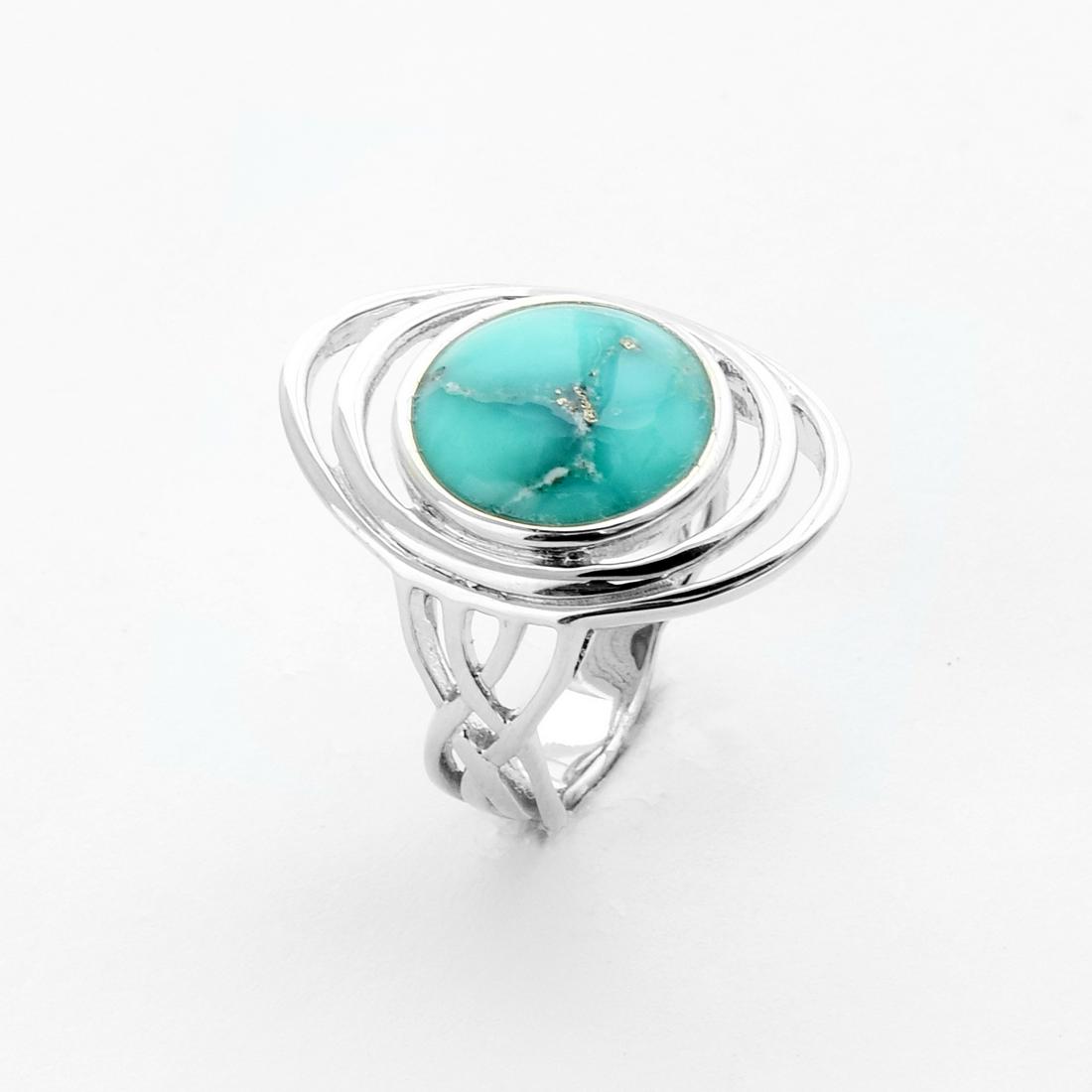 Silver 12mm Campo Turquoise Elongated Ring-SZ 9: Metal: Rhodium over sterling silver Stone Information: One round 12mm stabilized Campo Frio turquoise cabochon Setting Type: Bezel/Adhesive Measurements: 15/16"L x 3/4"W x 3/16"H Country of Origin: Th