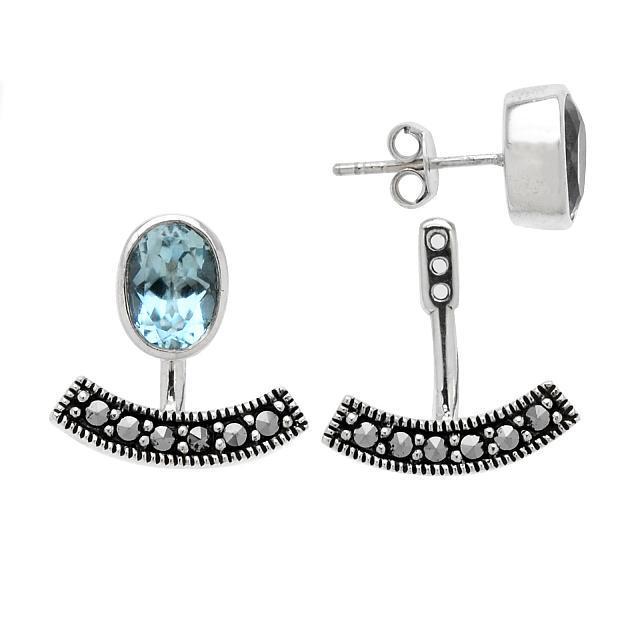 Silver Blue Topaz & Marcasite Jacket Stud Earrings: Versatility is yours with these lovely earrings from the Addison Lane Zenith collection. The smart removable jacket styling provides two distinctly different looks. Beautifully crafted in oxidized ste