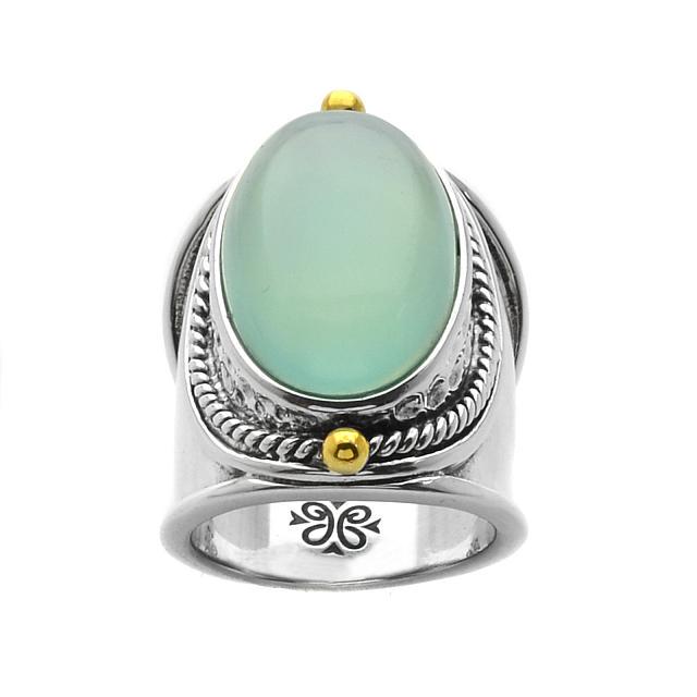 Silver Aqua Chalcedony Wide Band Ring-SZ 7: Add a bit of “formal wear” to your hand with this lovely design from the Pangea Mines . Genuine aqua chalcedony adorns a beautifully crafted oxidized sterling silver band with lustrous gol