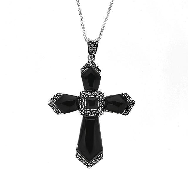 Silver Marcasite and Black Onyx Cross Pendant: Make a lovely affirmation of your faith with this striking Passion Cross from Addison Lane’s Weekend Collection. Beautifully crafted in black onyx with marcasite accents in an oxidized sterling 
