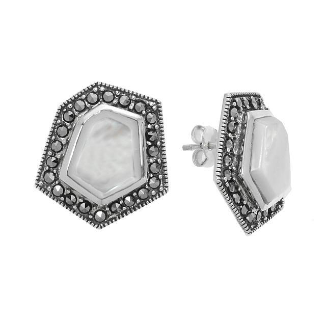 Silver MOP & Marcasite Hexagon Stud Earrings: A striking new design from Addison Lane’s Felicity Collection: inspired by timeless vintage looks, this lovely design is beautifully crafted in oxidized sterling silver and adorned with fascinat