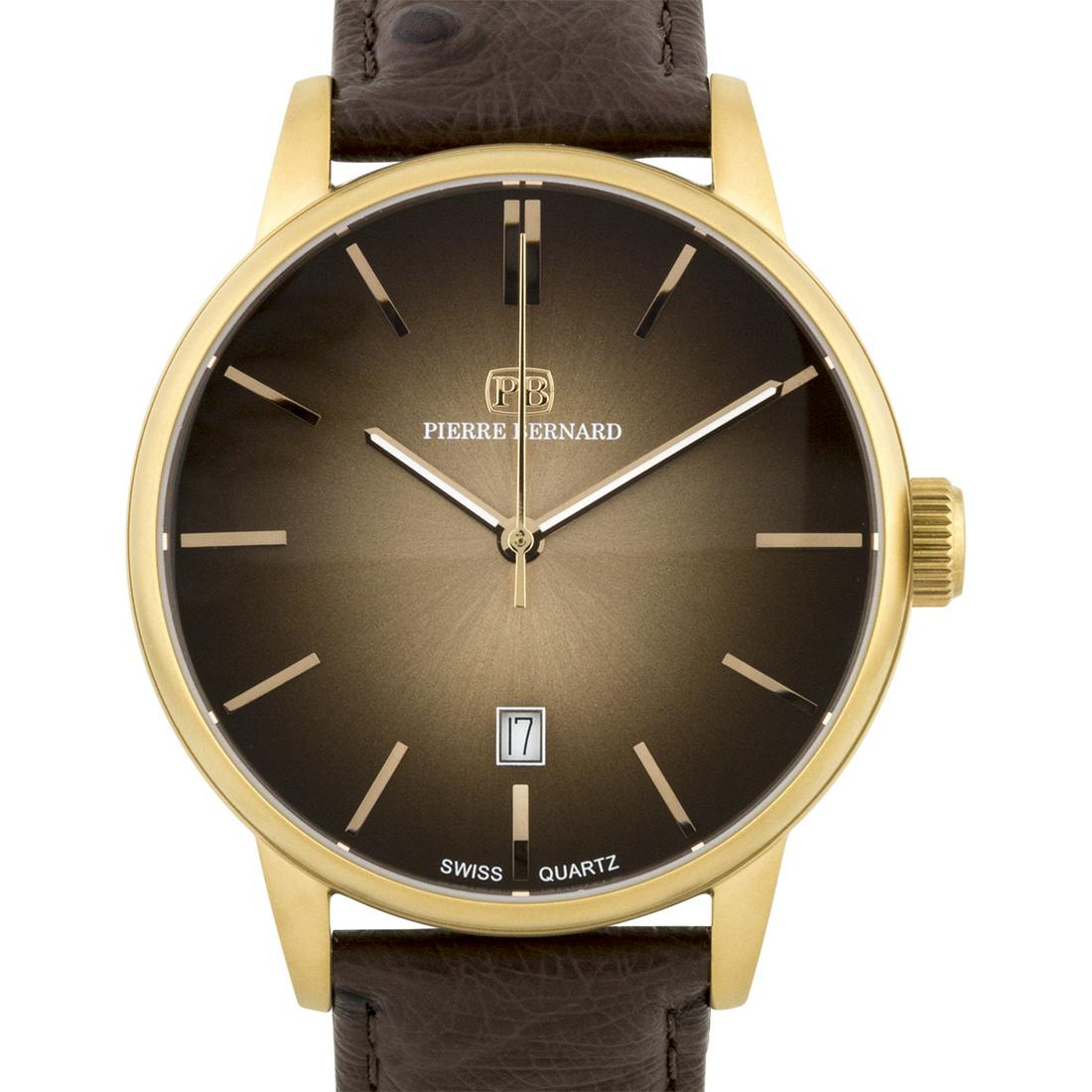 Pierre Bernard Pale Fire Men's Swiss Watch: Pierre Bernard Pale Fire Men's Swiss Watch - Dark Brown Ostrich Pattern Genuine Leather Strap, Rose Gold Case, Brown Degrade to Rose Gold Dial