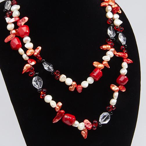 44 Inch Pearl and Coral Long Necklace (1 of 1)