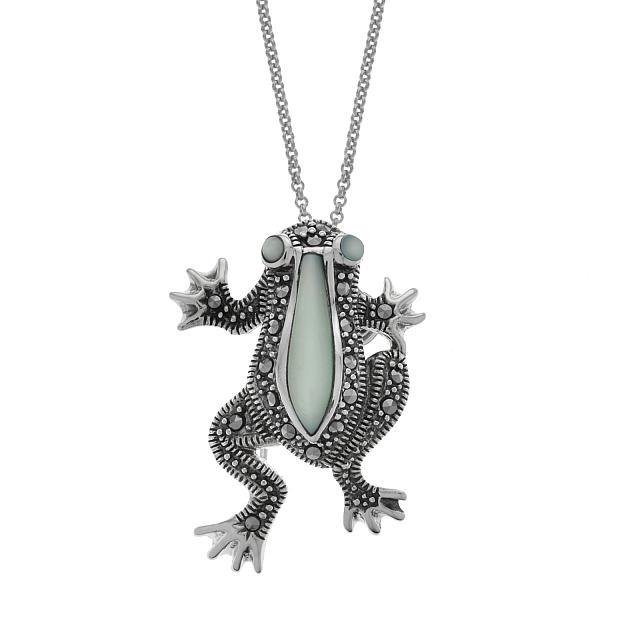 Sterling Silver Blue MOP & Marcasite Frog Pendant: Metal: Rhodium over sterling silver Stone Information: Turquoise: Blue Mother of pearl 18x5mm & 2.6mm and Marcasite round 1.5mm Setting Type: Bezel/Adhesive/ Prong Measurements: Pendant: 36mm L x26mm 