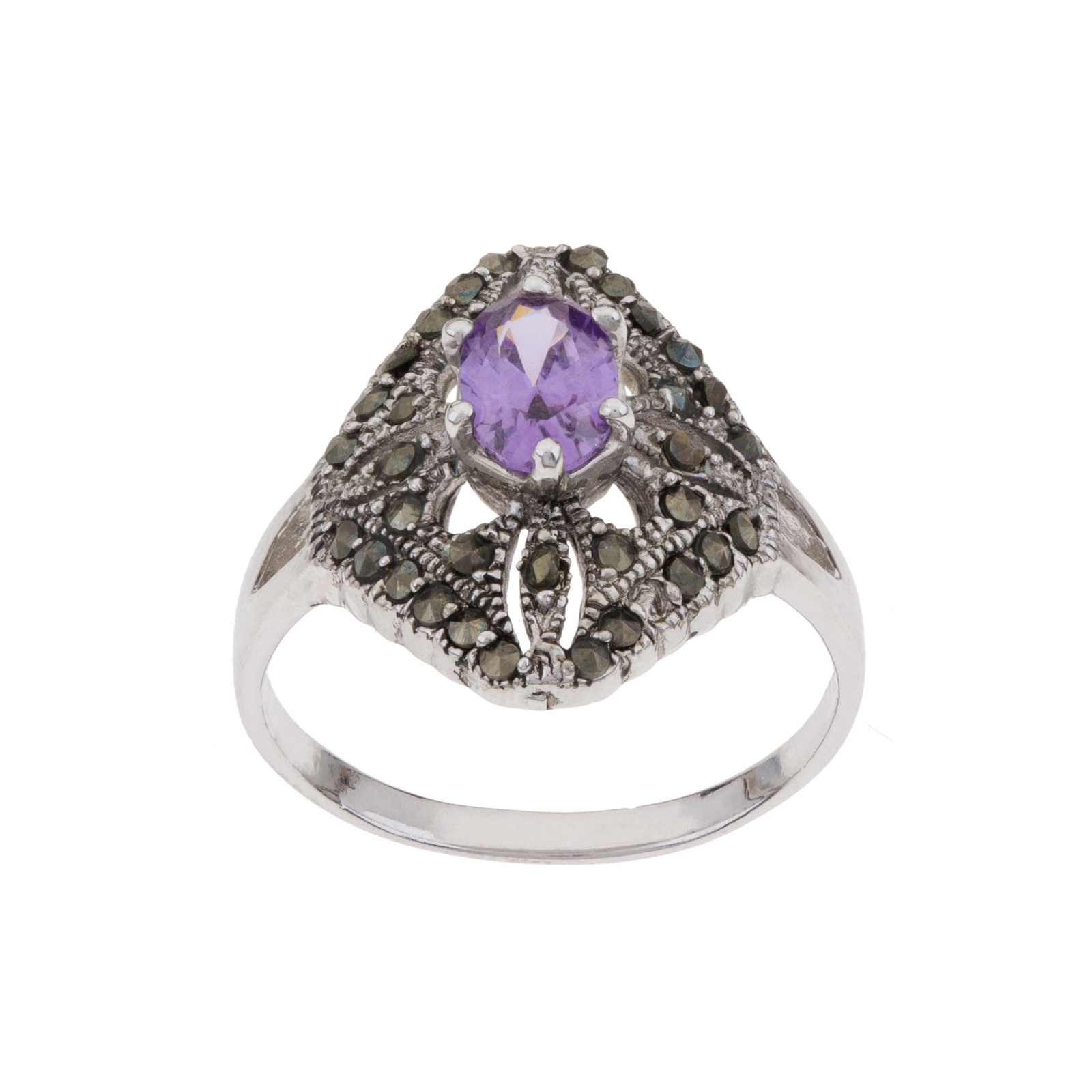 Romilly Amethyst-Look and Genuine Marcasite Ring: This elegant multi stone ring features a single amethyst-look cubic zirconia centered in a field of shimmering genuine marcasite. Finely crafted of gleaming anti-tarnish rhodium plate on brass a