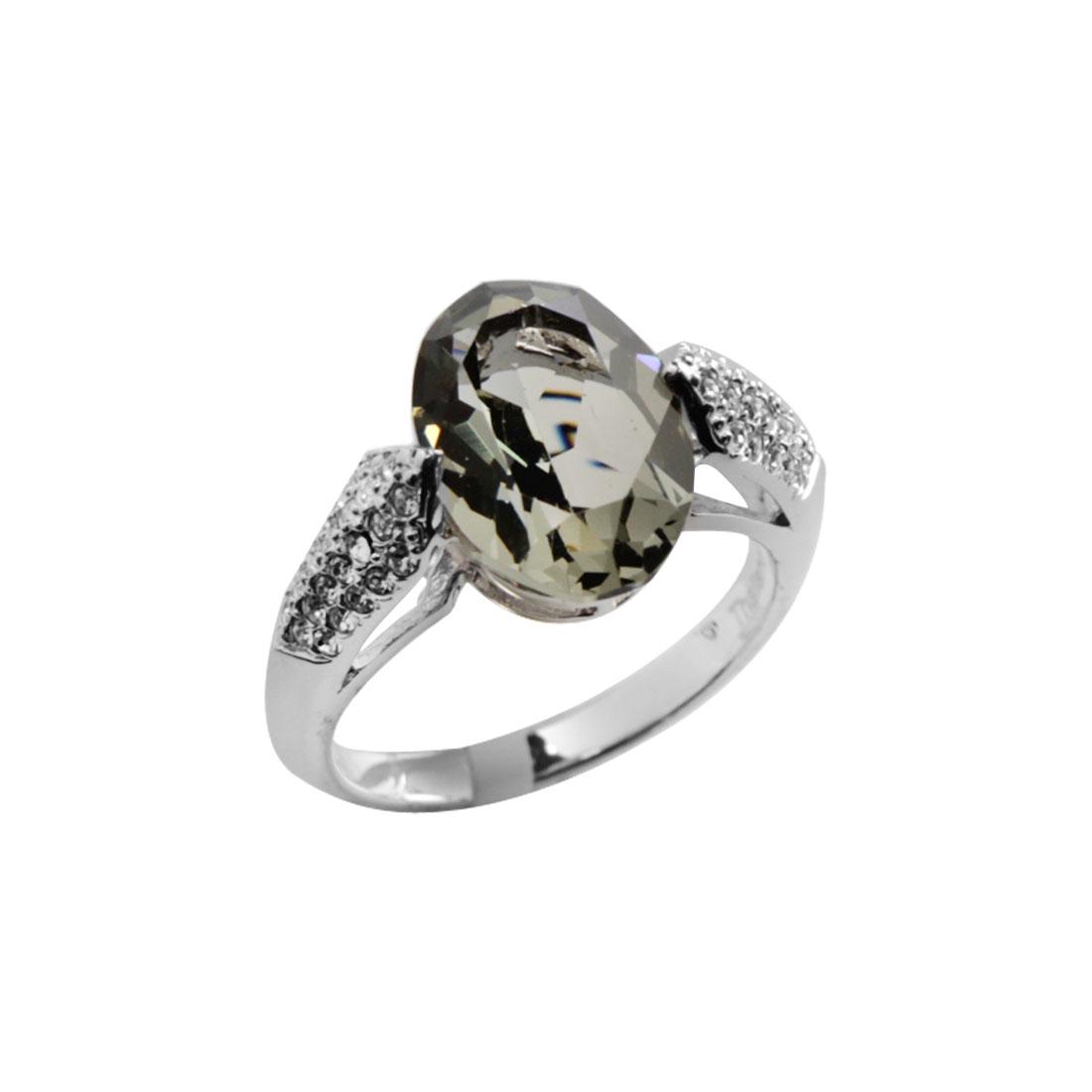 Silver Oval Grey Swarovski Crystal Ring-SZ 8: Metal: Rhodium over sterling silver Stone Information: one oval cut 10 x 14mm grey Swarvoski crystal and various round cut 1.3mm white Swarvoski crystals Setting Type: Prong Measurements: 9/16"L