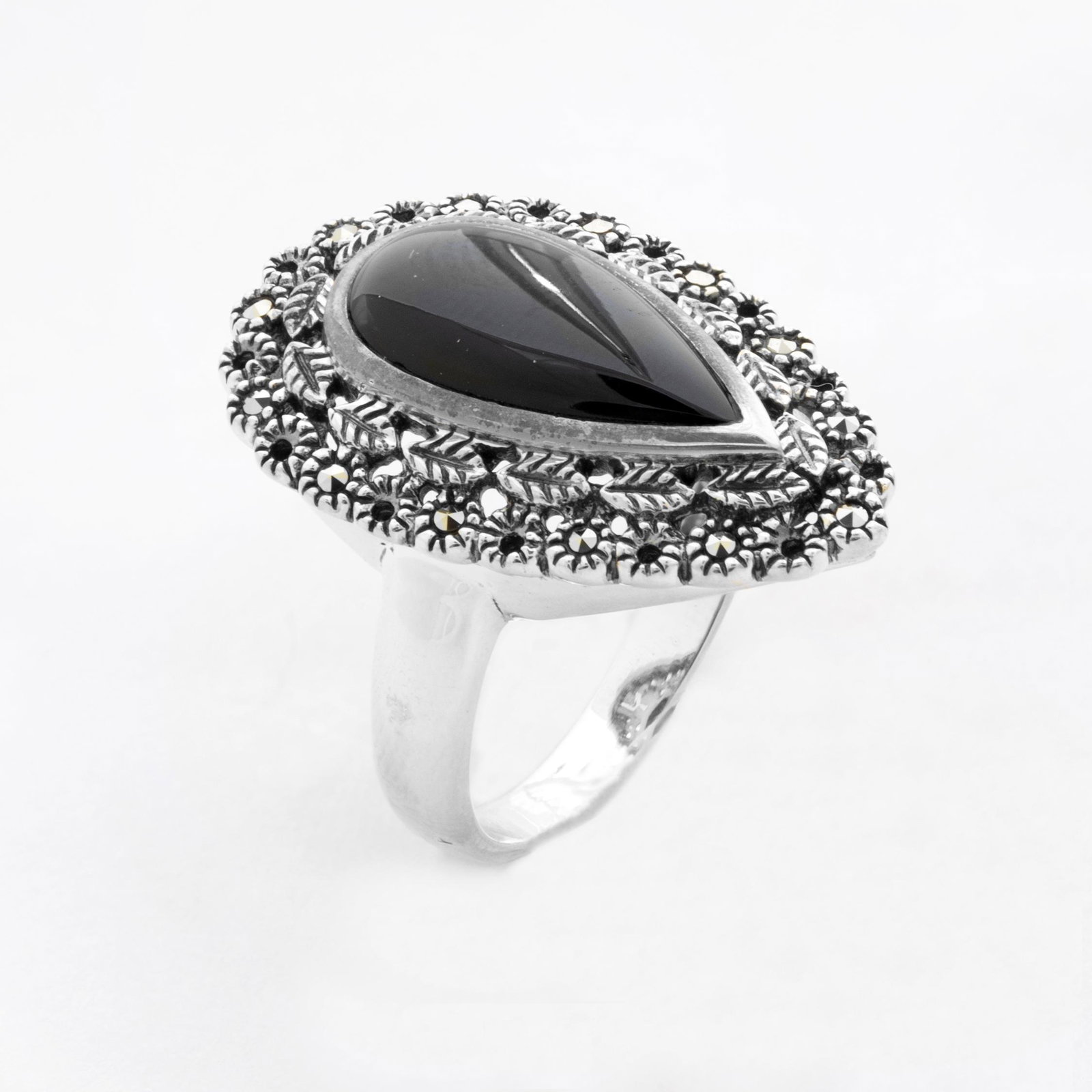 Sterling Silver Marcasite & Black Onyx Ring-SZ 10 : Make a lasting impression with his lovely ring from the Addison Lane Weekend Collection. Beautifully crafted in fine sterling silver with an attractive oxidized finish, and adorned with a striking pea