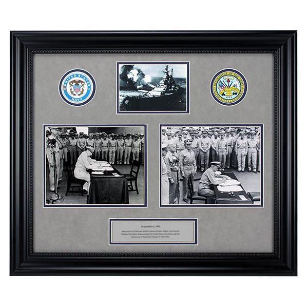 WWII Army-Navy Photos USS Missouri in Tokyo Bay: Supreme Allied Commander, U.S. General of the Army Douglas MacArthur (Left) and U.S. Fleet Admiral Chester W. Nimitz, USN, sign the Instrument of Surrender, on board USS Missouri (BB-63), 2 September 