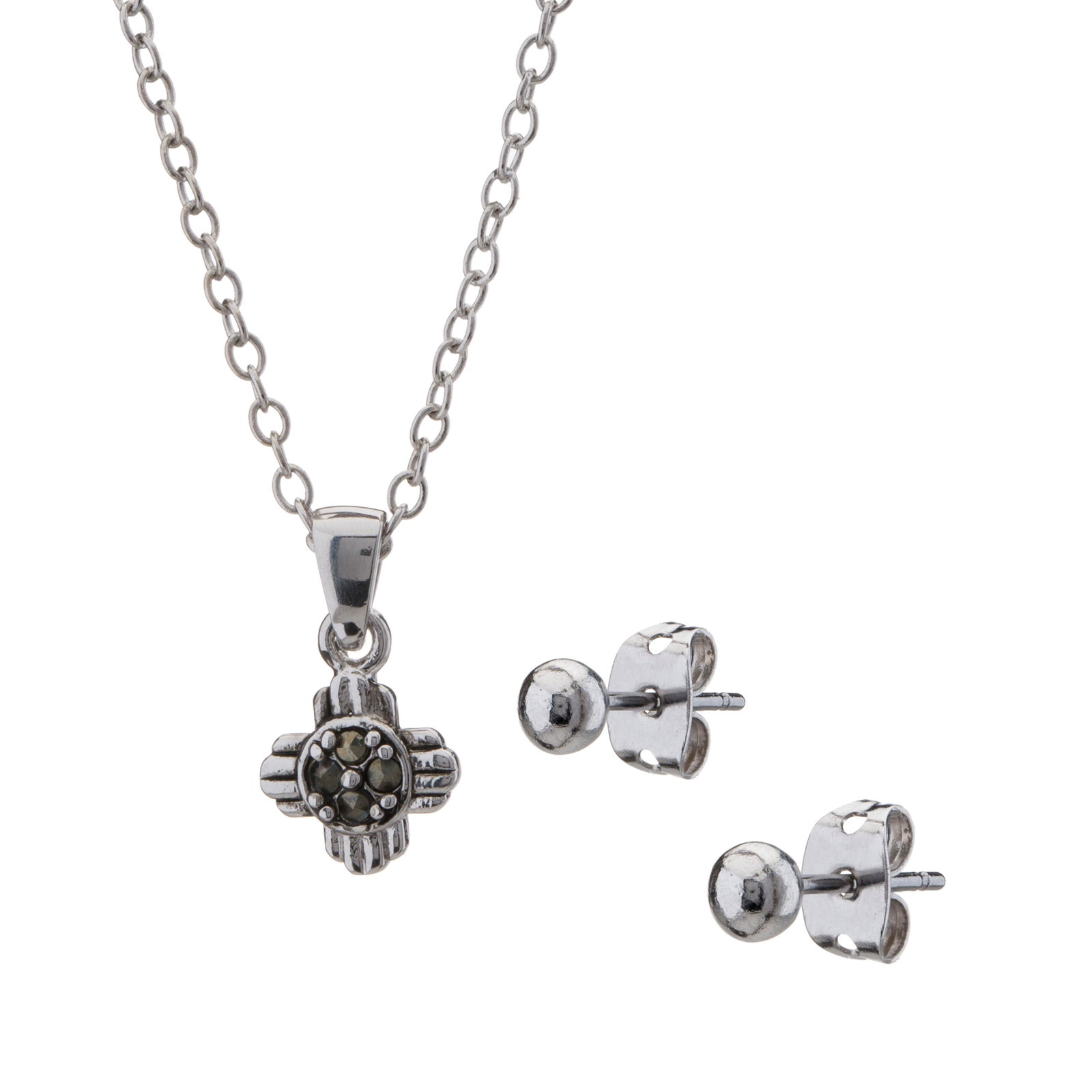 Set of Marcasite Pendant & Ball Stud Earrings: • Genuine marcasite • Silver Tone ball stud earrings • Comfortable butterfly clasp • Gleaming rhodium over brass • Disclaimer: Gemstones may feature inclusions or imperfe