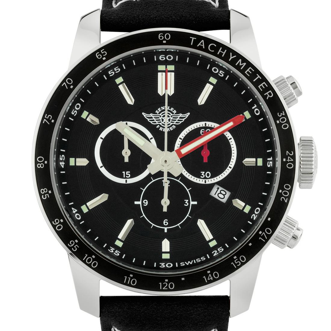 Zentler Freres Fortune Mens Swiss Chronograph Watch: Zentler Freres Fortune Mens Swiss Chronograph Watch - Black Genuine Leather Strap, Silver Case, Black Bezel, Black Dial, Silver Indexes with C3 Superluminova
