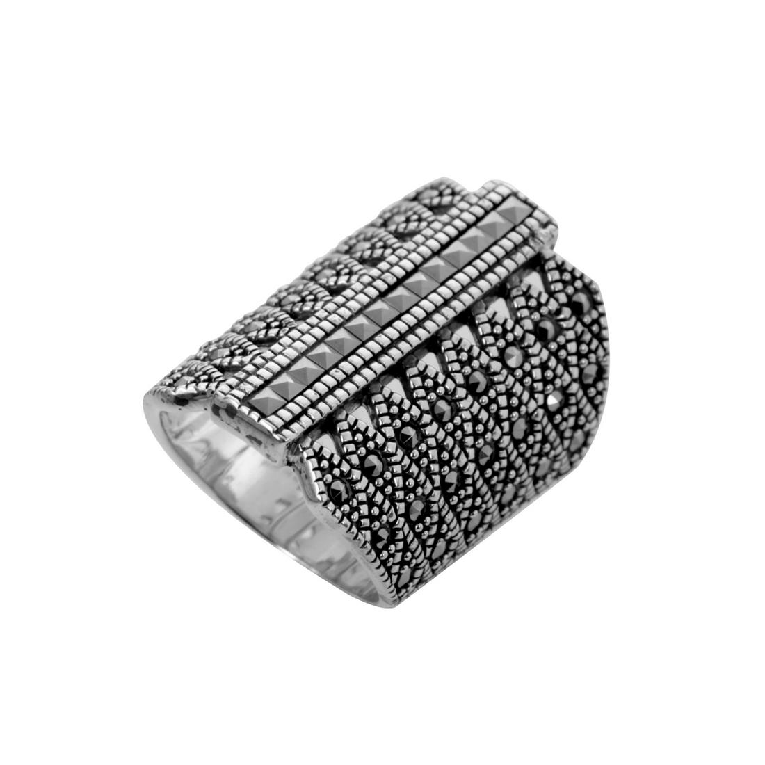 Sterling Silver Marcasite Shield Ring-SZ 6: • Genuine marcasite • Setting: Prong/ Adhesive • Measurement: 27mm L x 21mm W • Gleaming rhodium over fine sterling silver • Disclaimer: Gemstones may feature inclusions 