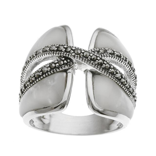 Sterling Silver White MOP & Marcasite Ring-SZ 9: • Genuine marcasite & white mother of pearl • Split ring with a criss-cross marcasite over the inlay • Gleaming rhodium over fine sterling silver