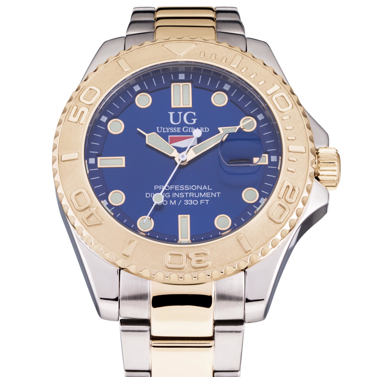 Ulysse Girard Mens - Stainless Steel Sport Diver: Colored Sunray Brushed Dial with large Luminous Rectangular Indicies at the Quarter hours and Round Indicies elsewhere. Miyota 2115 Movement with Easy to Read Luminous Hour and Minute hands with Contr