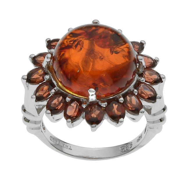 Sterling Silver Amber & Garnet Flower Ring-SZ 10: Metal: Rhodium over sterling silver Stone Information: Baltic Amber: One round 14mm cabochon Mozambique Garnet: 16 oval cut 4 x 3mm Setting Type: Prong/Adhesive and Prong Approximate Total Weight: Moz