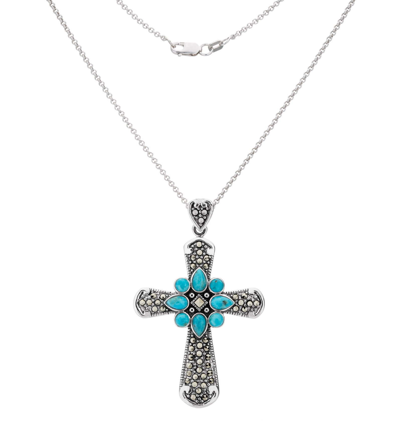 Silver Turquoise & Marcasite Cross Pendant: Heavenly color and classic lines makes this lovely cross from the Addison Lane Felicity collection a smart addition to any collection. Beautifully crafted in oxidized sterling silver and adorned with 