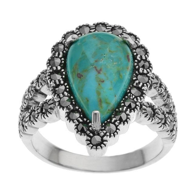 Sterling Silver Turquoise & Marcasite Ring-SZ 8: This lovely design from the Pangea Mines Turquoise Mecca Collection offers beautiful craftsmanship and heavenly color. Styled in fine quality sterling silver and adorned with pear shaped genuine turqu