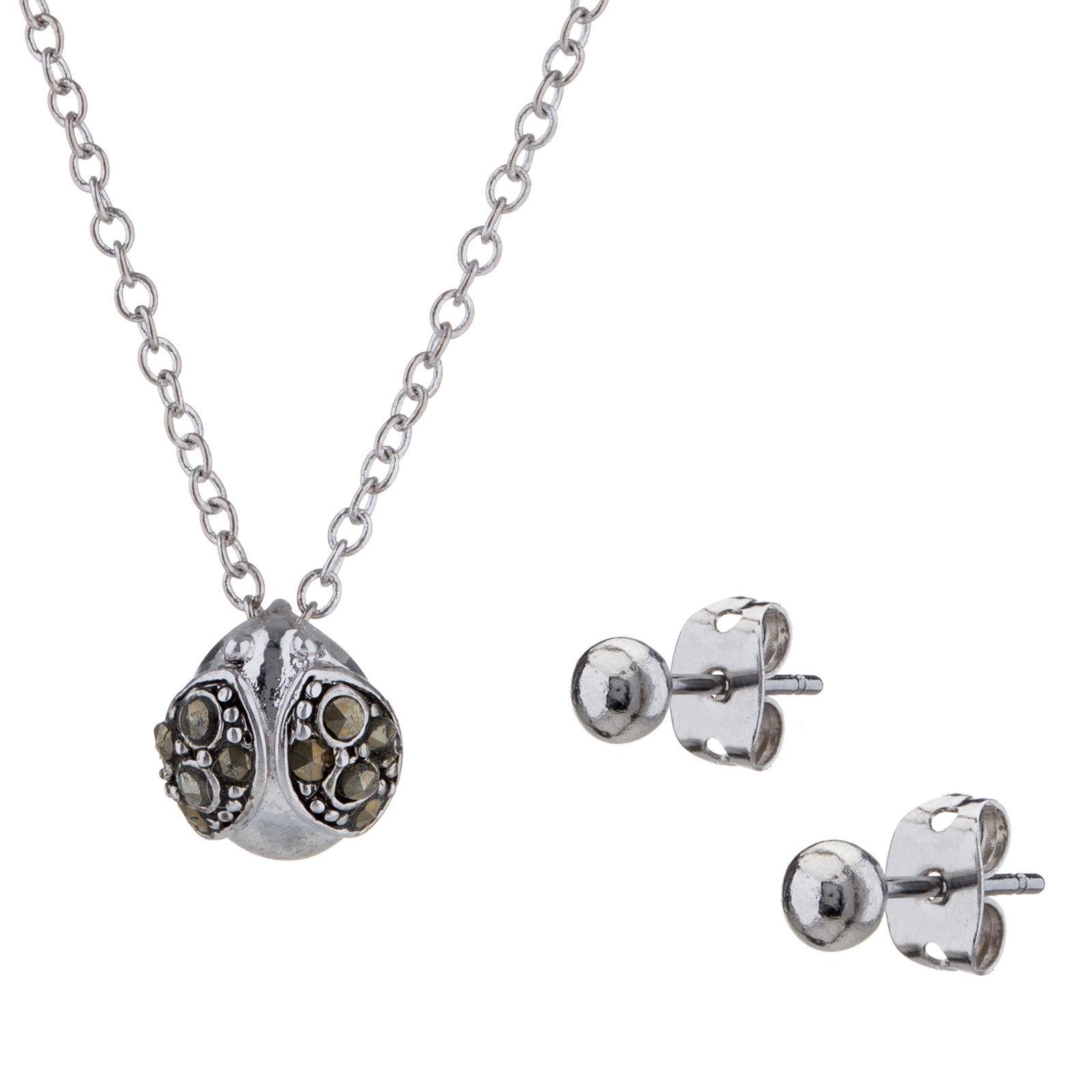 Set of Marcasite Pendant & Ball Stud Earrings: A complete look from Romilly! A lovely, detailed Ladybug pendant is crafted in gleaming silver plate and embellished with genuine marcasite pavé and matched with ball stud earrings to create a st