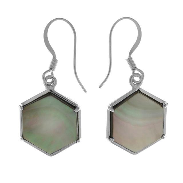 Silver Tone Grey Mother of Pearl Hexagon Earrings (1 of 1)