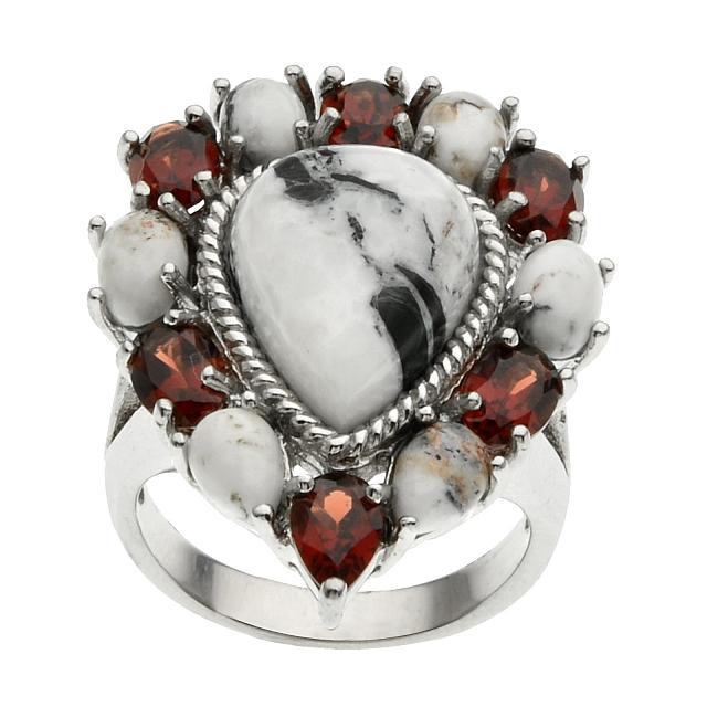 Sterling Silver Quartz & Garnet Halo Ring-SZ 10: White Buffalo White Buffalo Calcite Quartz: One pear shaped 15 x 11mm, two pear shaped 6 x 4mm and four oval 6 x 4mm cabochons Mozambique Garnet: One pear cut 6 x 4mm and five oval cut 6 x 4mm Details