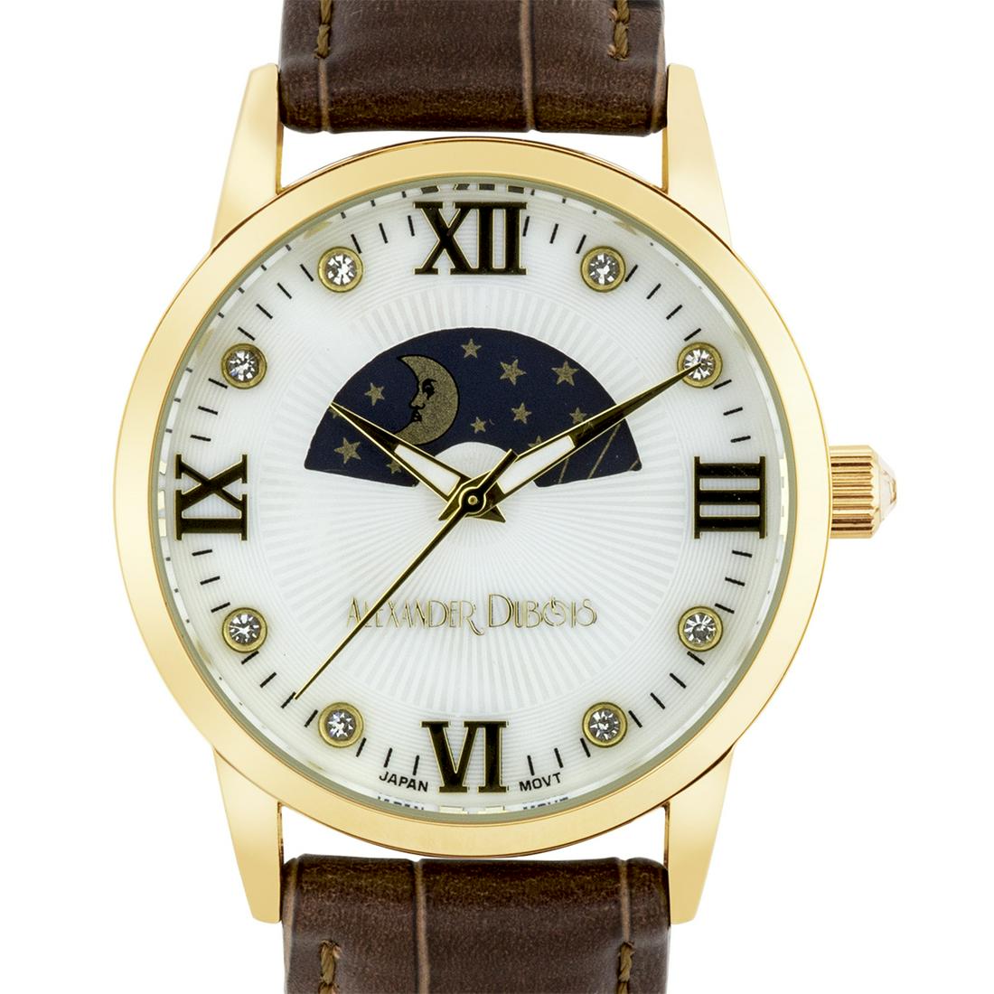 Casual Moon Phase Dial Ladies Leather Watch: Constructed with a classic ion plated metal case and bezel, the dial features a unique animated AM/PM indicator Brown, Analog, Casual, Fashion, Stainless Steel and leather Dial Color: Gold , White wit