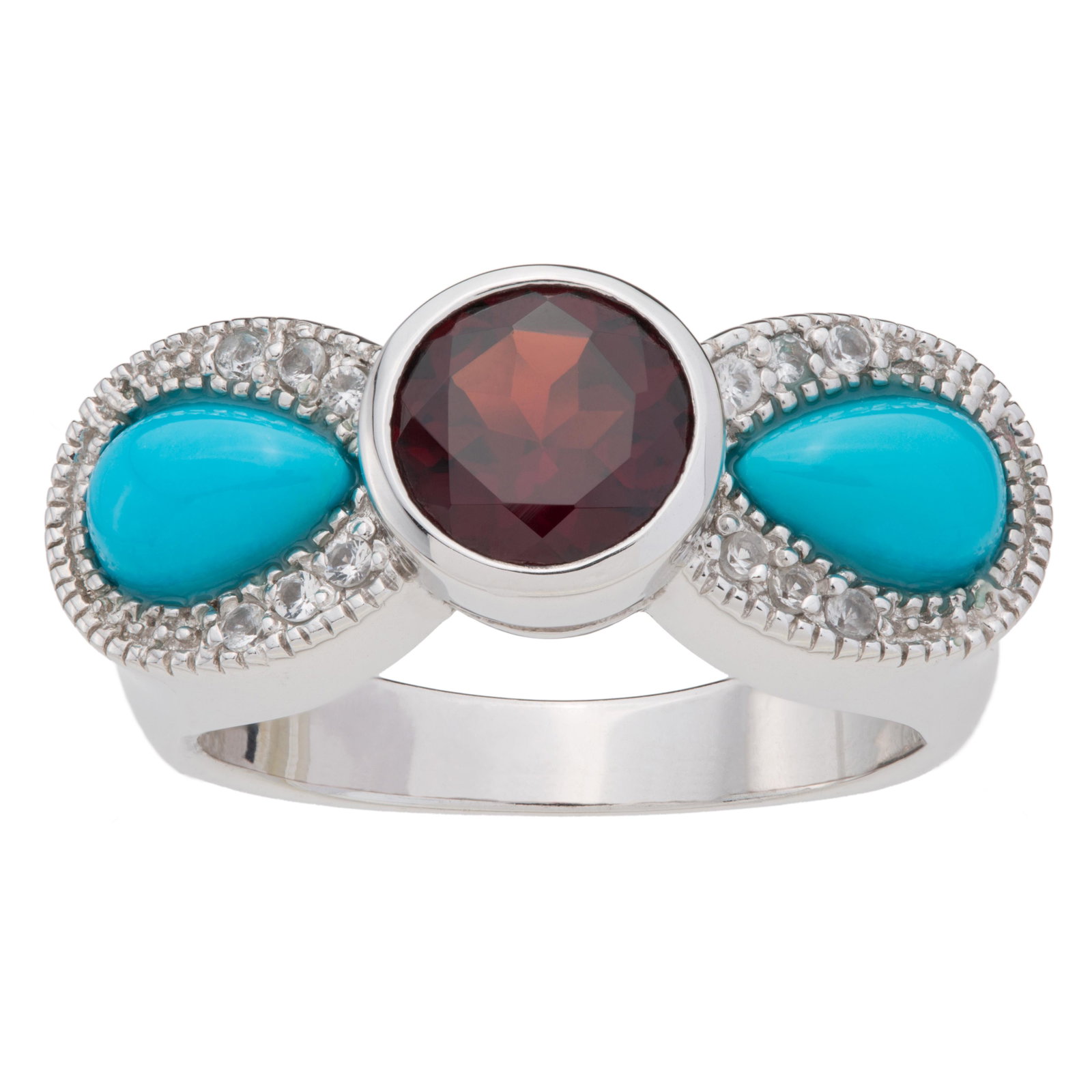 Sterling Silver Turquoise & Garnet Bow Ring-SZ 10: This 925 Sterling Silver ring resonates a charming light-hearted elegance with one sparkling cut Mozambique Garnet and two coveted pear shaped Genuine Sleeping Beauty Turquoise cabochons flanking the 