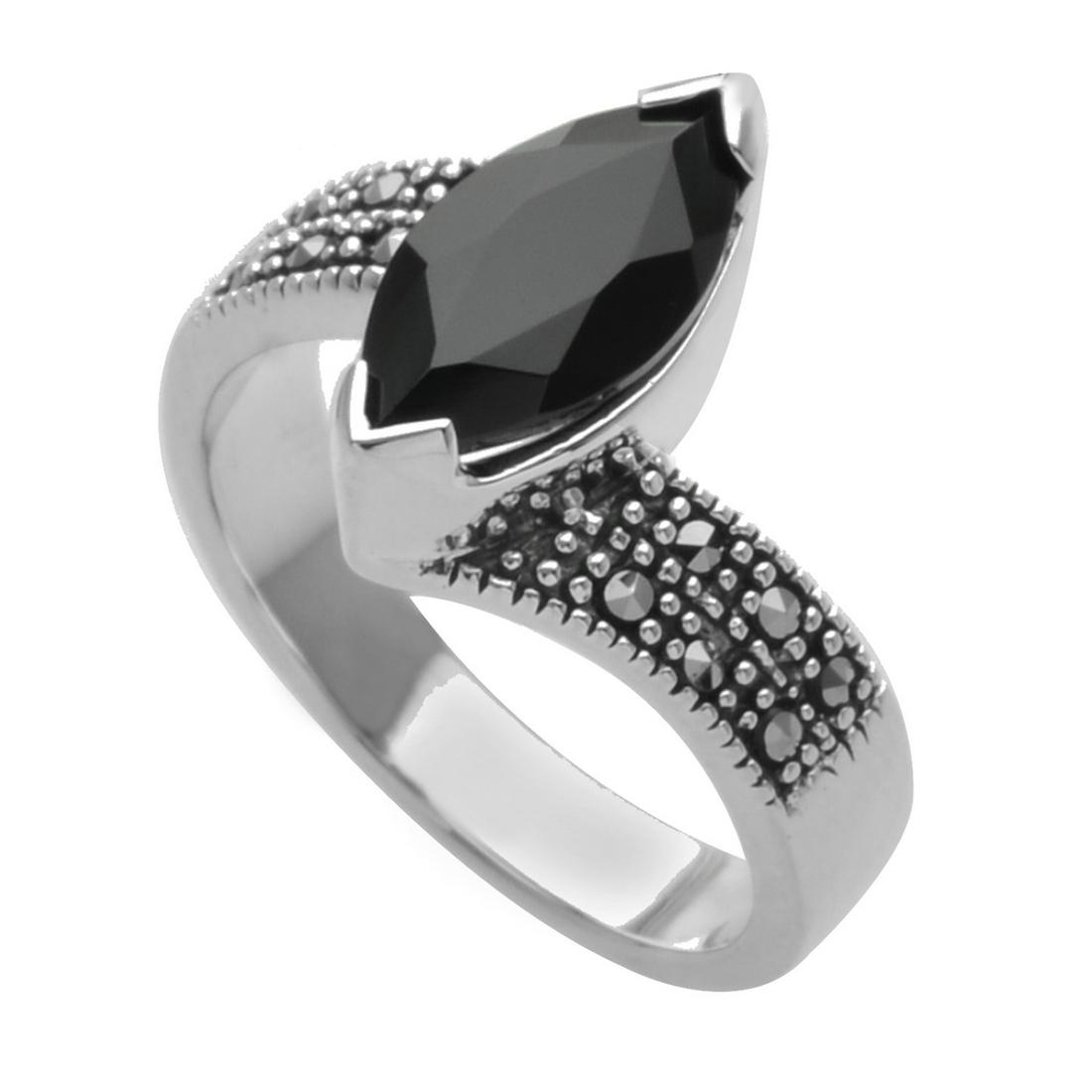 Silver Marcasite & Agate Marquise Ring-SZ 10: Make a statement without saying a word with this gorgeous design from Addison Lane’s Weekend collection. Beautifully crafted in oxidized sterling silver and adorned with a large genuine Marquise