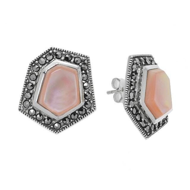 Silver Pink MOP & Marcasite Hexagonal Stud Earring: A striking new design from Addison Lane’s Felicity Collection: inspired by timeless vintage looks, this lovely design is beautifully crafted in oxidized sterling silver and adorned with fascinat