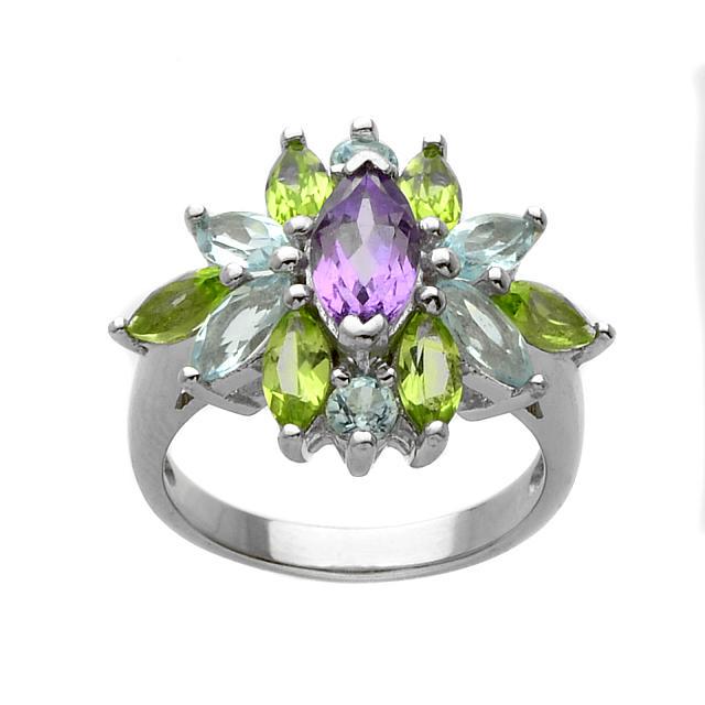 Silver Multi Gemstones Flower Shape Ring-SZ 6 (1 of 1)