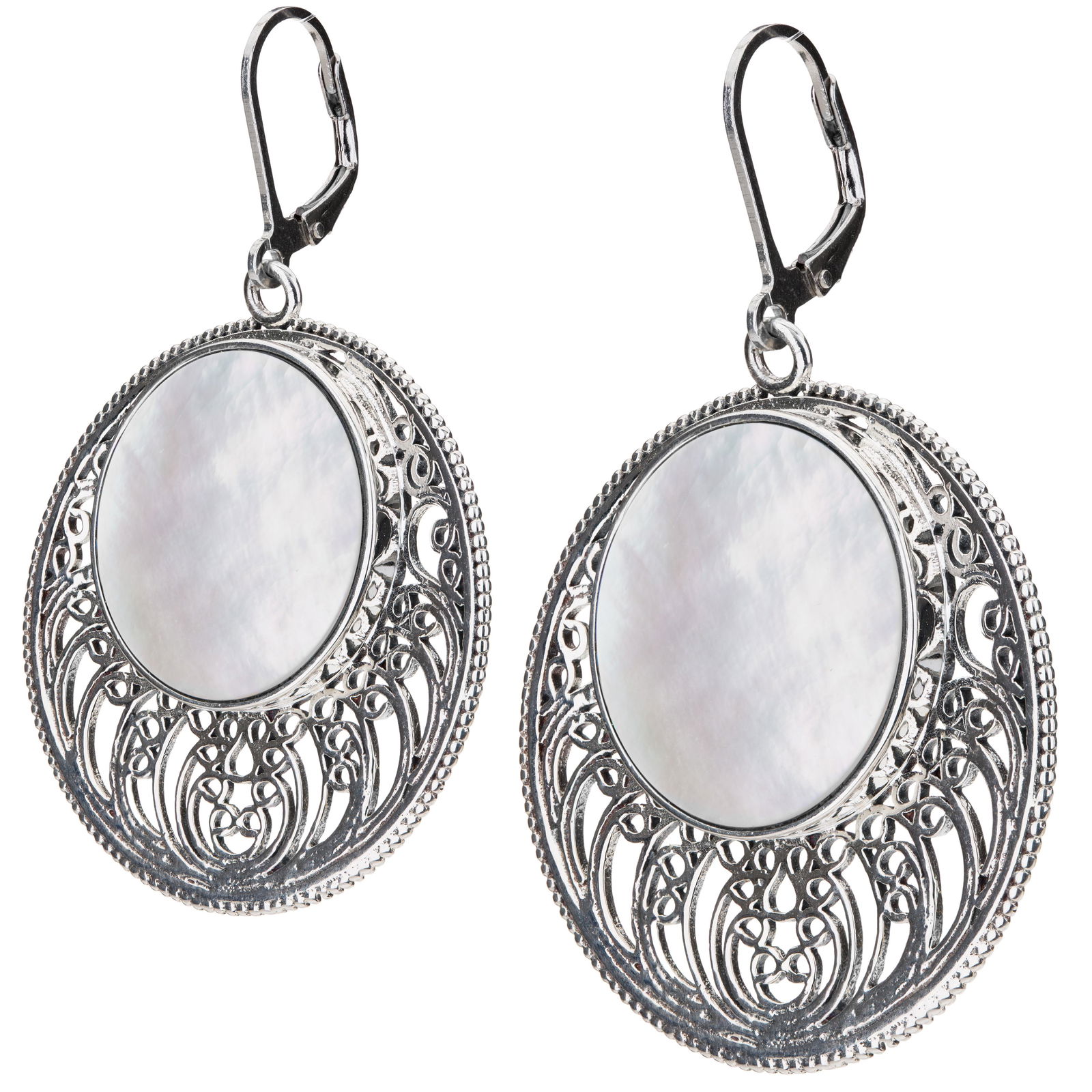 Sterling silver White MOP Openwork Disc Earrings (1 of 3)