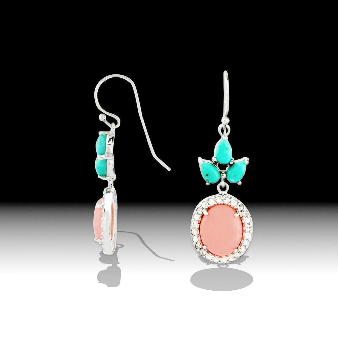 Silver Campo Turquoise & Guava Quartz Drop Earring: Each finely crafted sterling silver earring features an oval guava quartz cabochon in a halo of shimmering white topaz dangling below a trio of leaf-like Campo Frio turquoise cabochons. Shepherd hook 
